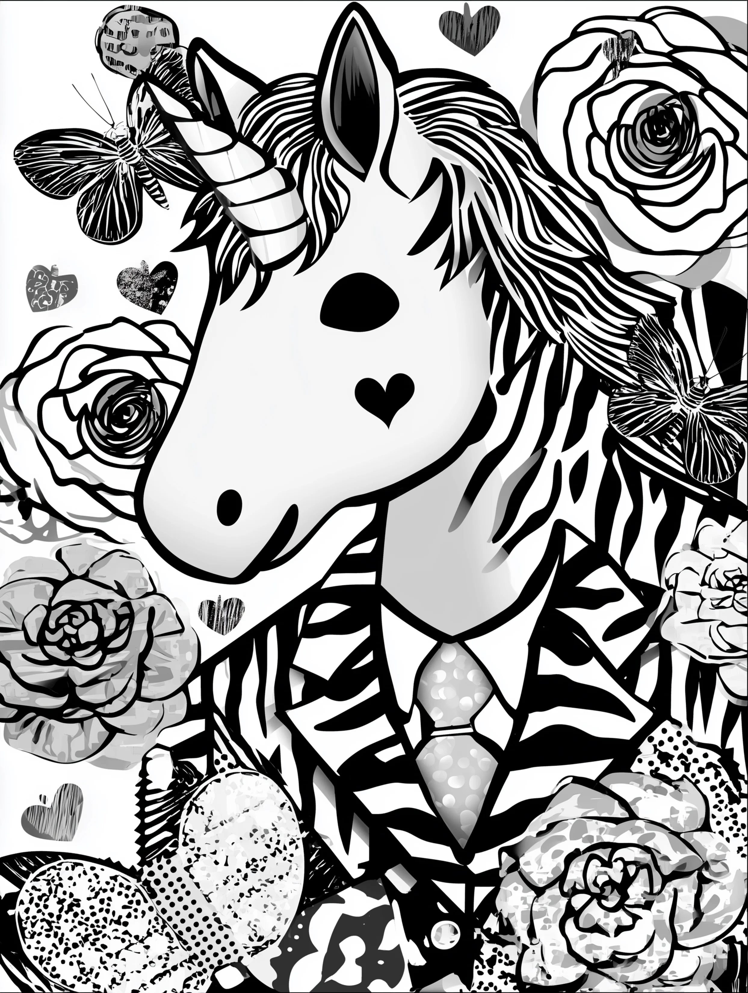 Free printable unicorn coloring page for adults featuring a unicorn wearing a suit